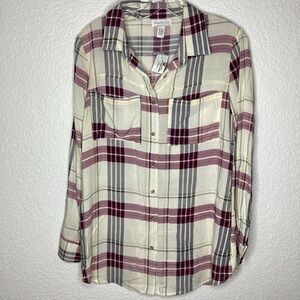 FULL TILT TILLYS SIZE S‎ TOP CREAM PLAID BOYFRIEND BLOUSE LONG SLEEVES WINTER